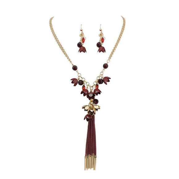 Bocar Long 2 Layer Chain Unique Flower Pendant Tassels Necklace Earrings Women Jewelry Set