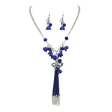 Bocar Long 2 Layer Chain Unique Flower Pendant Tassels Necklace Earrings Women Jewelry Set