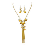 Bocar Long 2 Layer Chain Unique Flower Pendant Tassels Necklace Earrings Women Jewelry Set