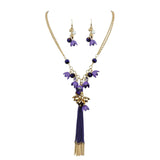 Bocar Long 2 Layer Chain Unique Flower Pendant Tassels Necklace Earrings Women Jewelry Set