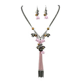 Bocar Long 2 Layer Chain Unique Flower Pendant Tassels Necklace Earrings Women Jewelry Set