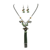 Bocar Long 2 Layer Chain Unique Flower Pendant Tassels Necklace Earrings Women Jewelry Set