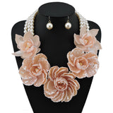 BOCAR Statement Big Pendant Pearl Flower Necklace Earrings Jewelry Set for Women