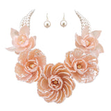 BOCAR Statement Big Pendant Pearl Flower Necklace Earrings Jewelry Set for Women