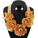 BOCAR Statement Big Pendant Pearl Flower Necklace Earrings Jewelry Set for Women